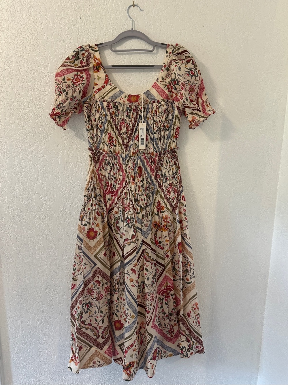 Rebecca Taylor Cream Patchwork Floral Smocked Midi Dress